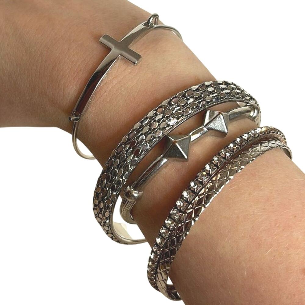 Y2K Style Silver Tone Mixed Bangle Bracelet Set Cross Stud Rhinestone
